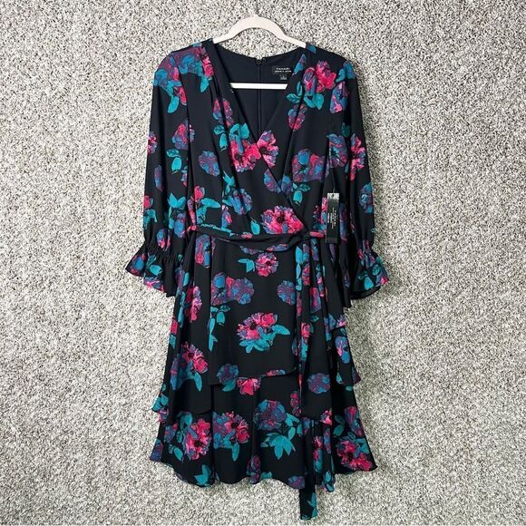 Tahari Dress Women’s 6 Floral Print Faux Wrap Tie Waist V-Neck NWT - Picture 1 of 7